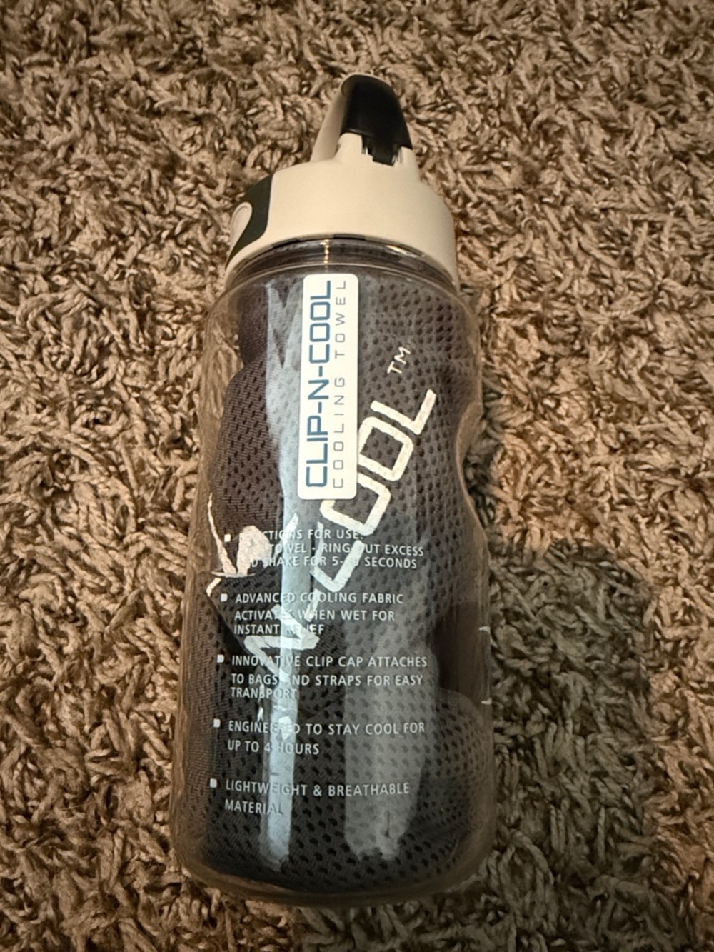 CLIP-N-COOL Cooling Towel in Charcoal Gray with Carry Bottle